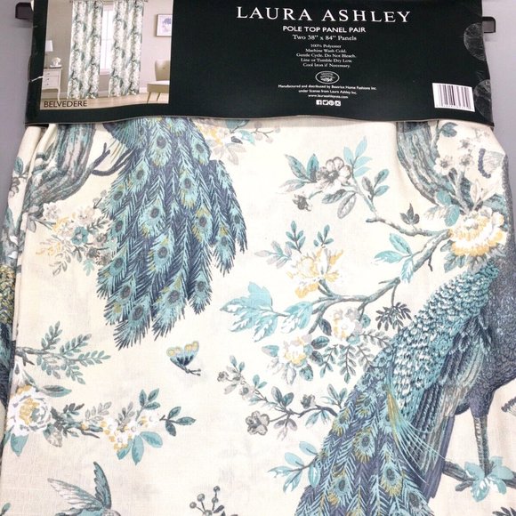 Laura Ashley Belvedere Peacock 4 Window Curtain Panels 2 Sets Blue Turquoise 84" - Picture 2 of 12